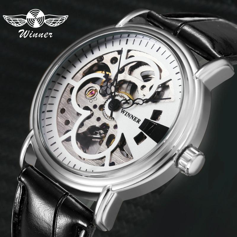 

Wristwatches WINNER Unisex Men Women Fashion Automatic Mechanical Watch Leather Strap Skeleton Dial Scale Design Concise Wristwatch, Silver white