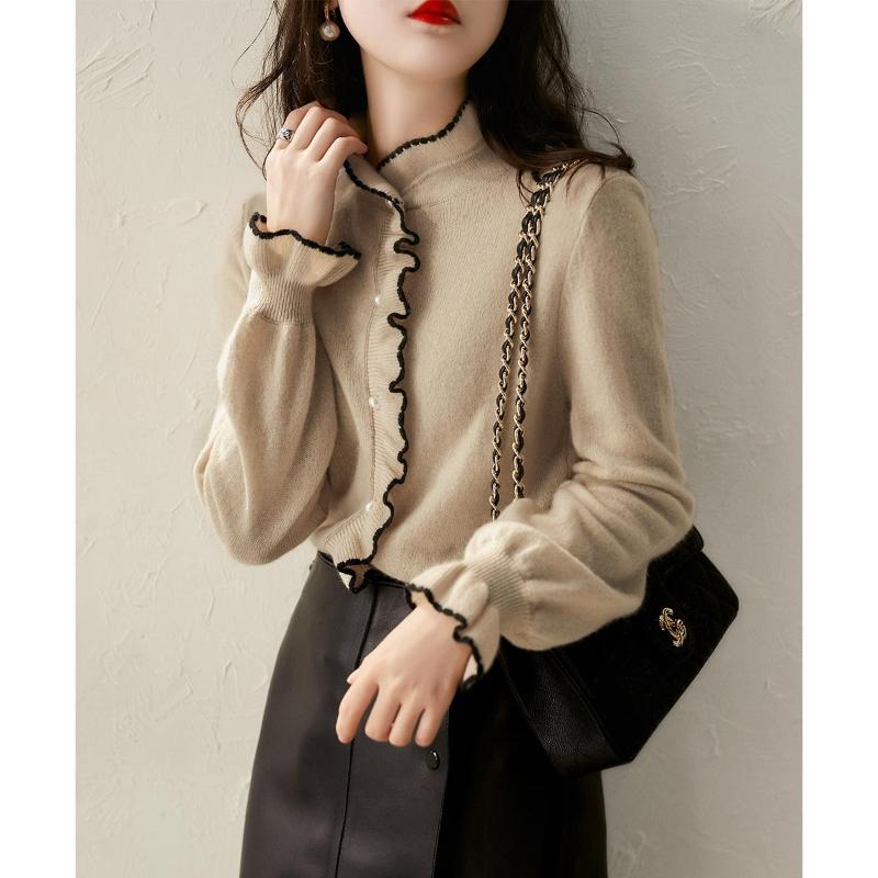

Fashion Women' Tops 2020 Autumn New Fashion Full Cashmere Knitted Cardigan with Wooden Ears woman sweaters japanese, Black