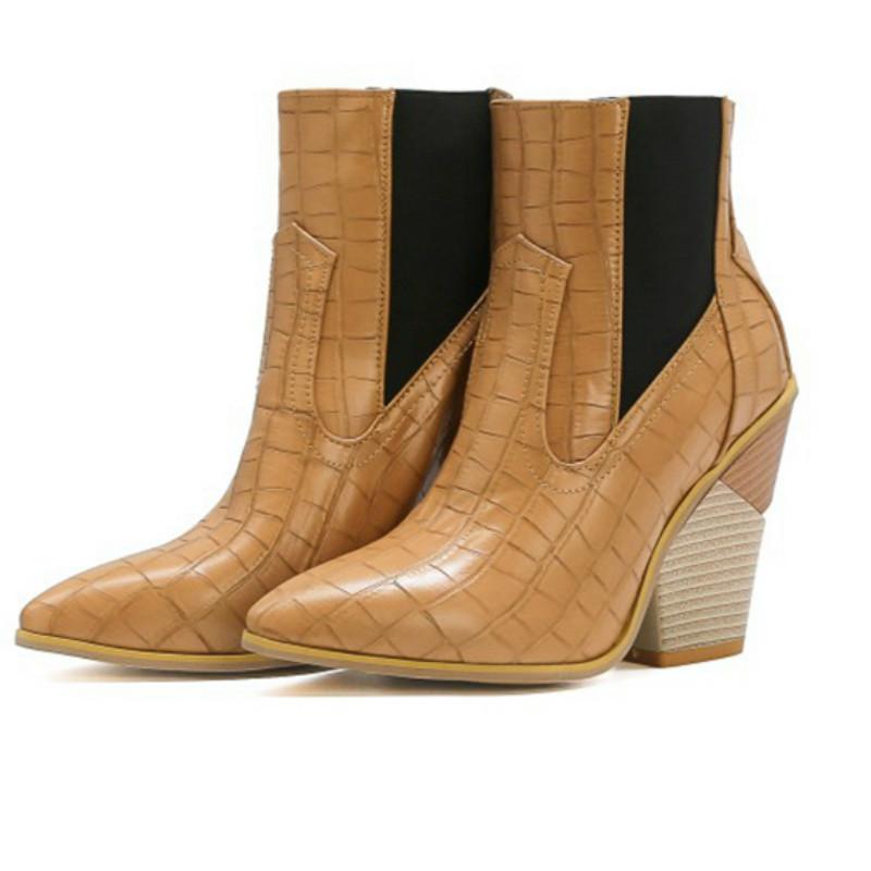 

2021 New Arrived Fashion Sexty Women Chunky Super High Wedges Heels 10cm Booties Ankle Cowboy Boots Zapatos Para Mujer Shoes H-8, Black