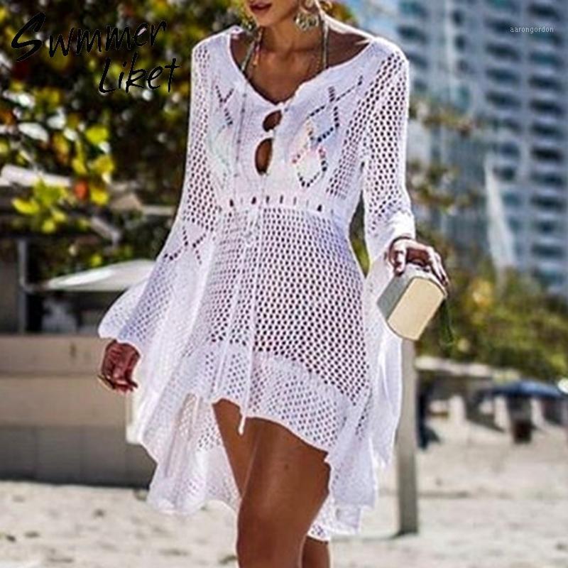 

Sarongs Fashion Knitted Tunic Dress Women White Swimsuit Covre-ups Hollow Out Beach Cover Up Skirt Summer 2021 Sarong De Plage1