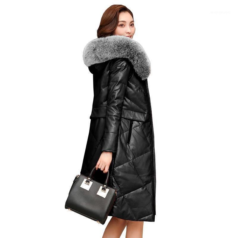 

2019 Winter Women Real Fur Hooded Genuine Leather Down Jacket Plus Size 4XL Female Natural Sheepskin Coat Veste Femme R2491, Green