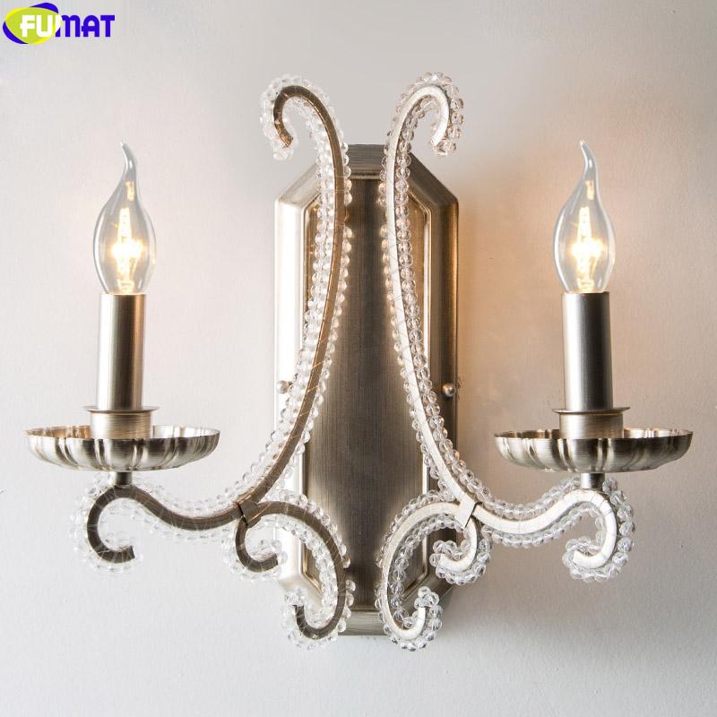 

FUMAT Metal Art Necklace Crystal Wall Lamp Antique Silve American Country Lighting Retro Porch Candle Light E14 LED Crown Silver