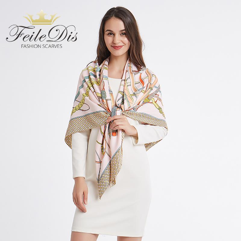 

FEILEDIS] 100% Silk Scarf Women Large Shawls Print Stoles Square Bandana Kerchief Scarf Female 130*130 ASN15