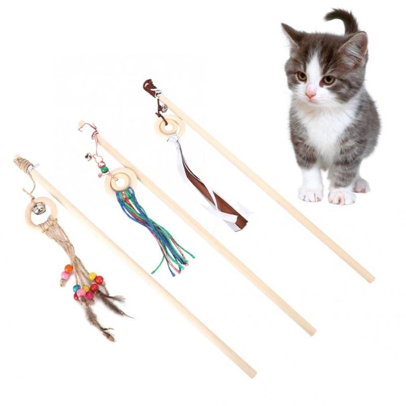 

3pcs Cat Teaser Stick Wand Wooden Interactive Training Playing Toy with Small Bell Cat Supplies
