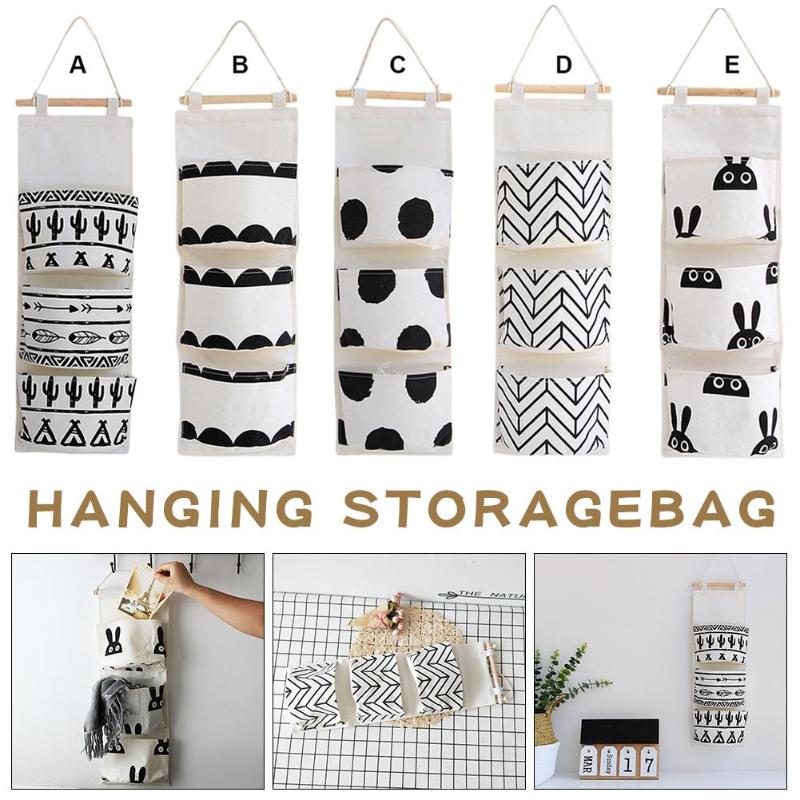 

3-pocket Wall Hanging Storage Bag Cotton Linen Cloth Nordic Ins Style Sundries Door Hanging Organizer Bag For Bra Socks Toys