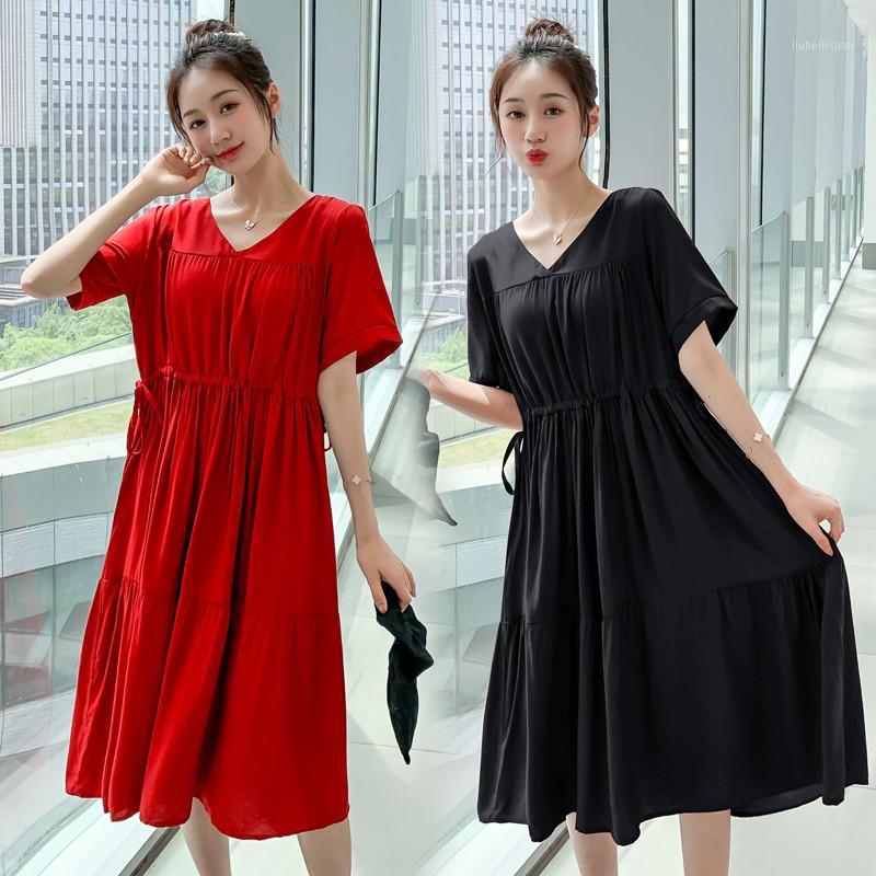 

1158# Maternity Clothes Summer V Neck Short Sleeve Easy Matching Loose Stylish Dress for Pregnant Women Pregnancy Clothes1, Red