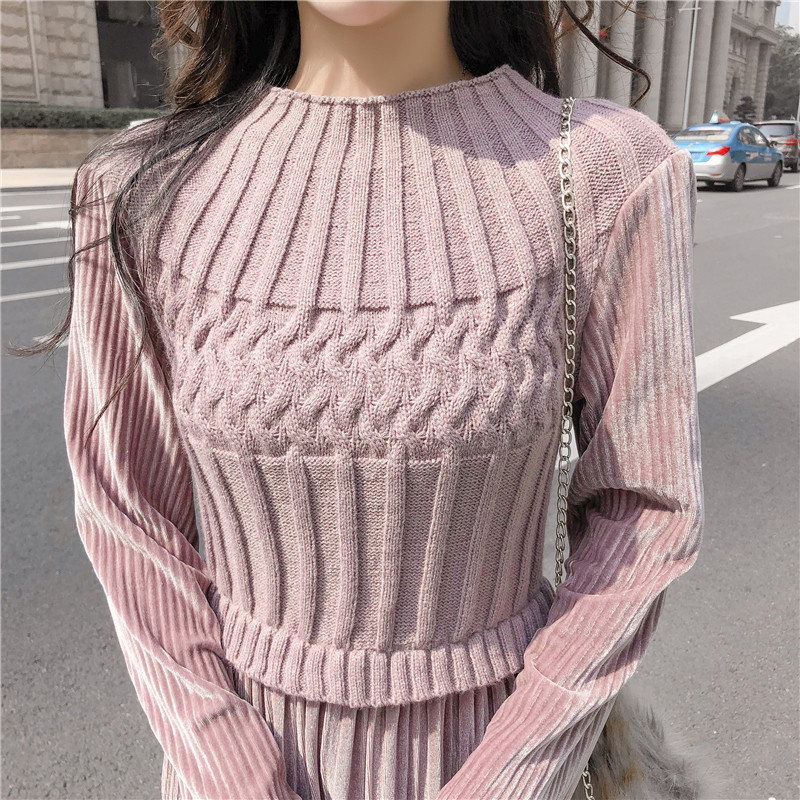 

2021 Fall Winter Female Clothes New Fashionable Knitted Around the Neck Long Sleeve High Midi Waist Dress 8Z96, Apricot