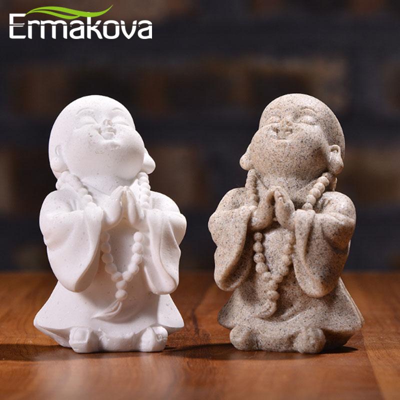 

ERMAKOVA Cute Little Monk Statue Sandstone Adorable Chinese Buddha Statuettes Lovely Figurine for Home Decor Creative Gift