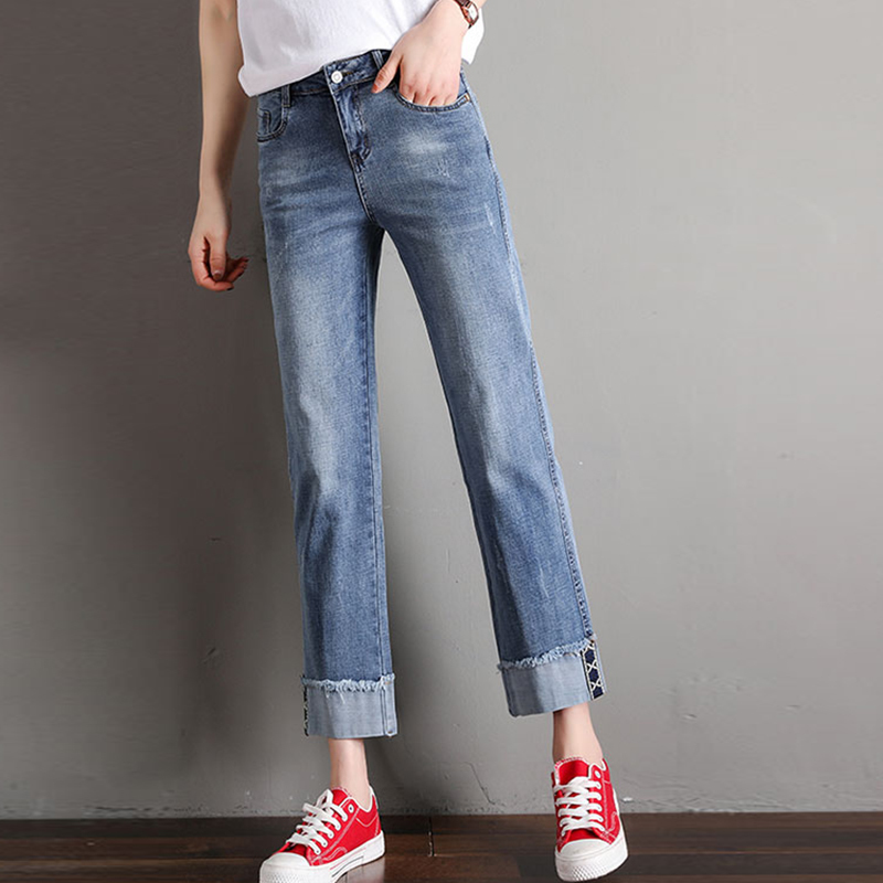 

Jeans denie ankle-length female pants Casual patches crossed wide breeches streetwear women's straight leg, Light blue