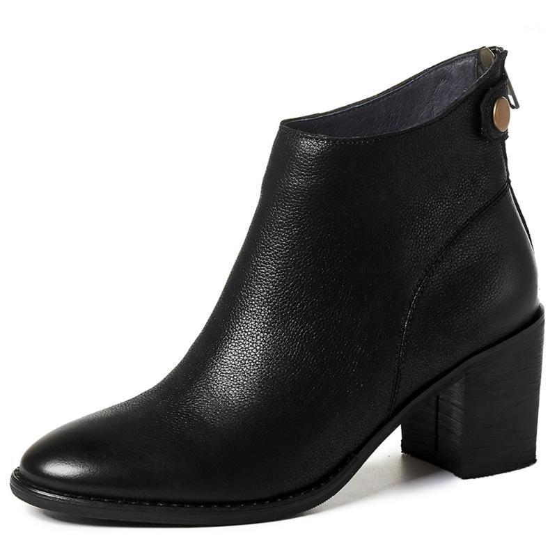 

Women's genuine leather thick med heel retro autumn soft comfort short booties high quality round toe casual ankle boots shoes1, Black