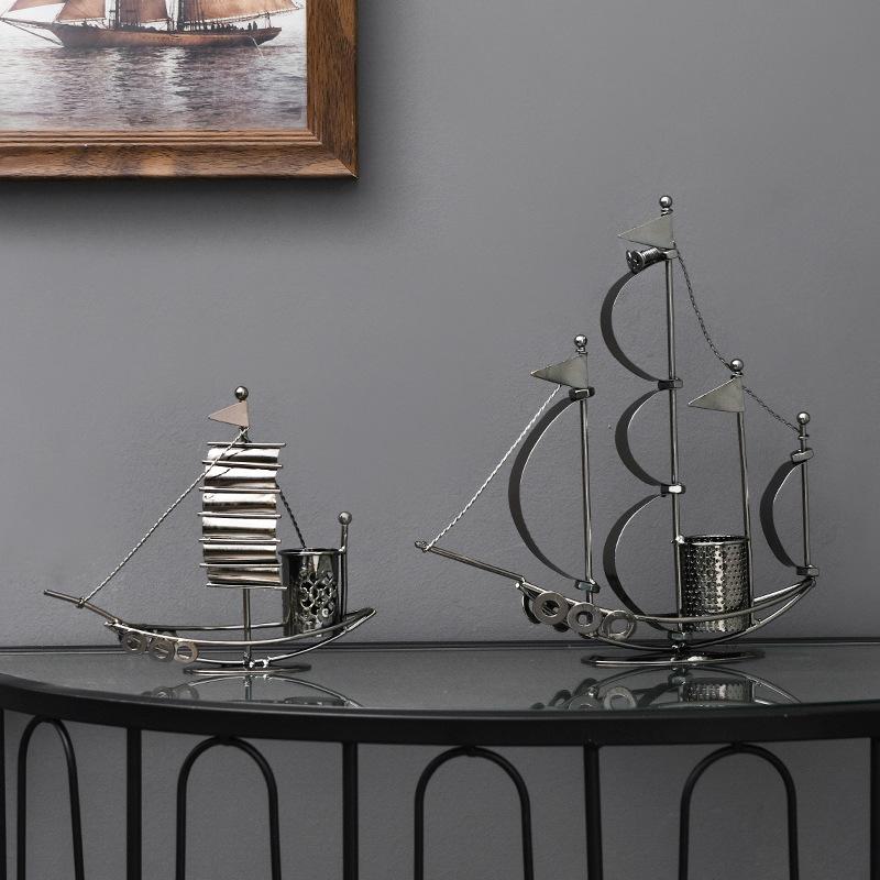 

New wrought iron metal crafts home study bookcase decoration ornaments creative retro sailing pen holder home accessories