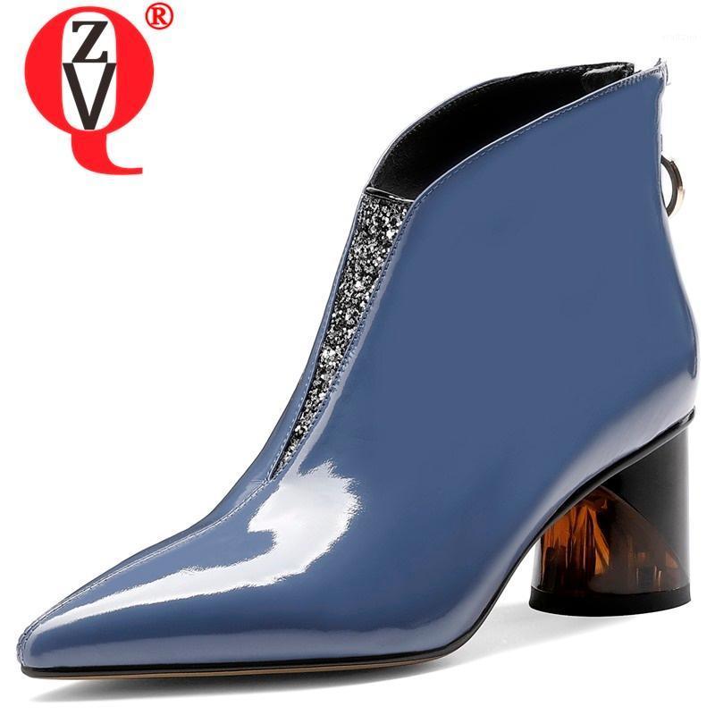 

ZVQ Autumn Winter New Fashion Ankle Boots Outside High Heels Pointed Toe Zip Genuine Leather Plus Size Women Shoes Drop Shipping1, Black
