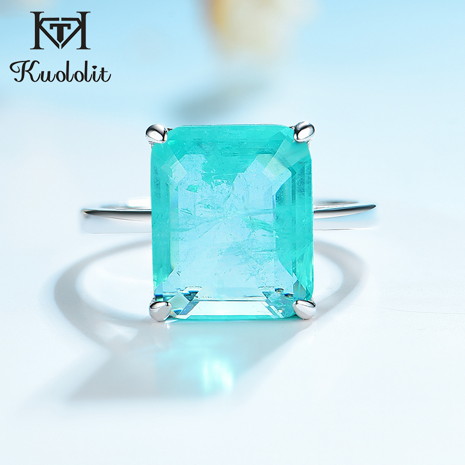 

Kuololit Paraiba Gemstone Rings for Women Real 925 Sterling Silver Emerald Cutting Tourmaline Handmade Engagement Bride Jewelry LJ201009