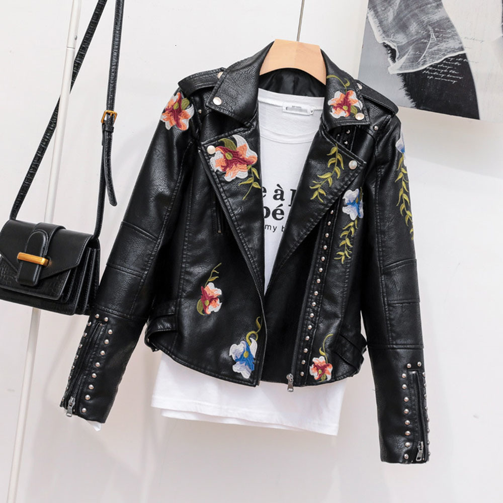 

2021 New Women Fashion Faux Club Hot Style Slim Fit Jacket Shoulder Rivets Zip Stitching Short Pu Leather Rock Coat MR51, Black
