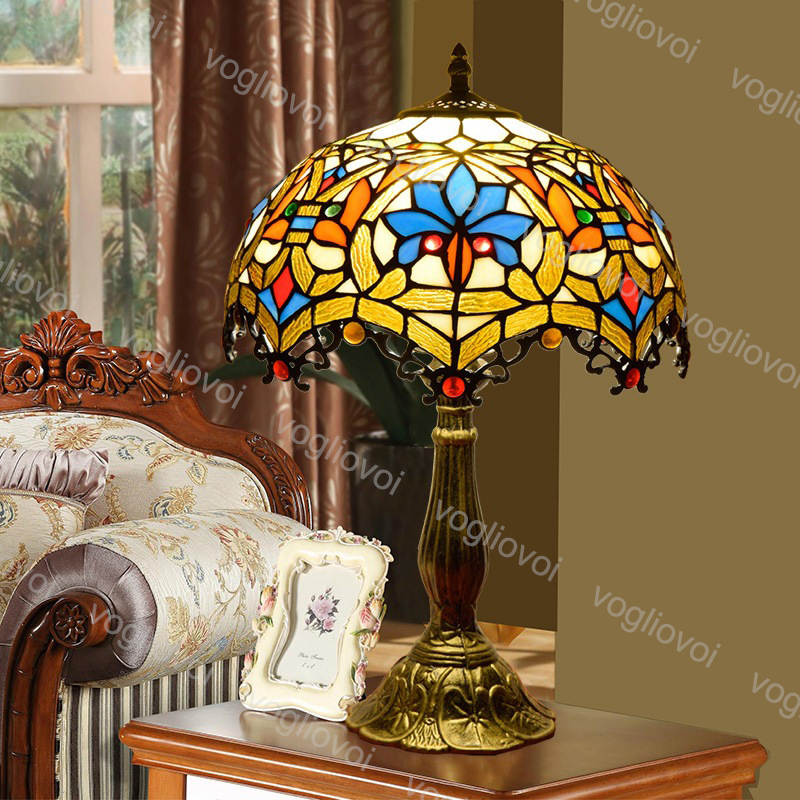 

Table Lamp Dia 30cm European Retro Stained Glass Aluminum Alloy Love Beads 110V 220V E27 For Livingroom Diningroom Bedroom Bar DHL