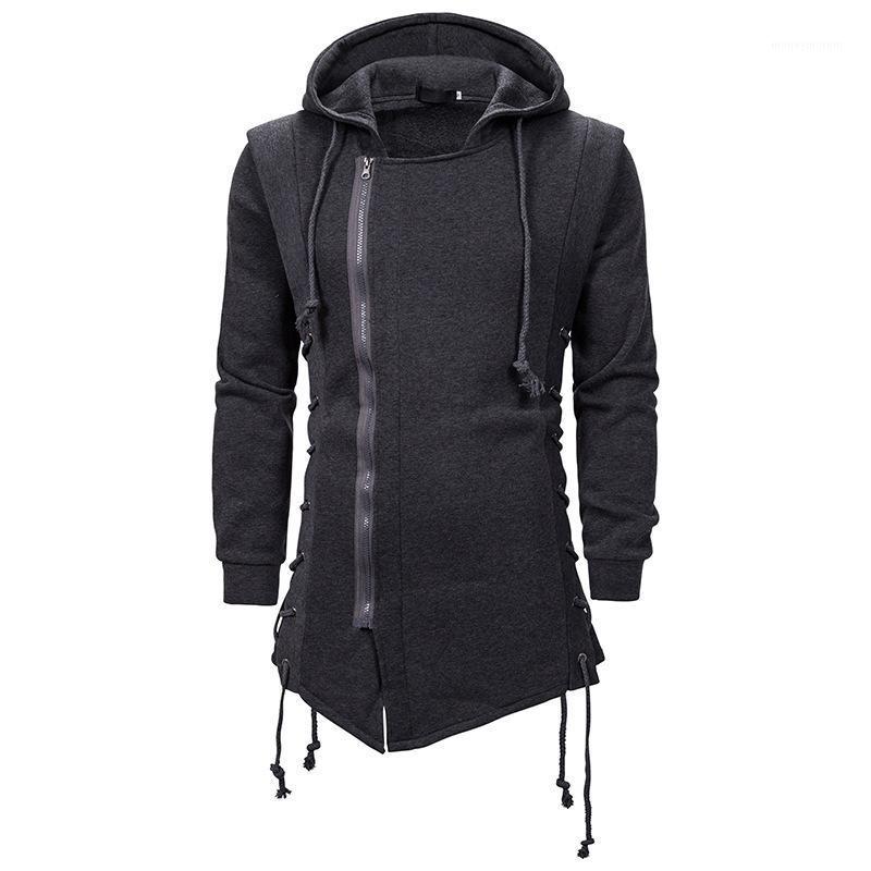 

Hooded Loose Coat Zipper Hoodie with Side Lashing Crossed Black Dark Grey Hoodies Men 20201
