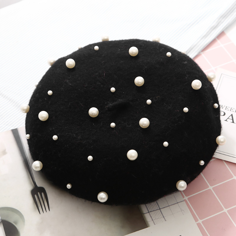 

Women Red Wool Beret Winter Pearl Beret Hats French Hat Femme Baret Cap Girl Berets Ladies Autumn Accessories