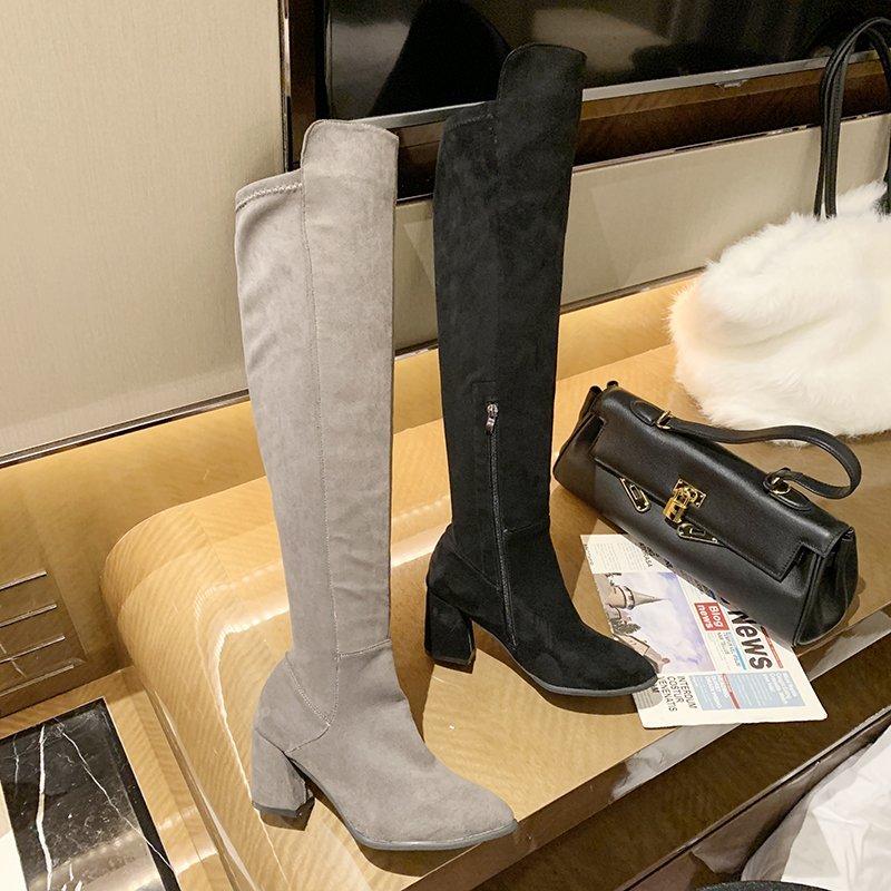 

2020 Brand New Women Boots Thick High Heels Knee High Boots Pointed Toe Autumn Winter Ladies Pleated Fashion Shoe, Black