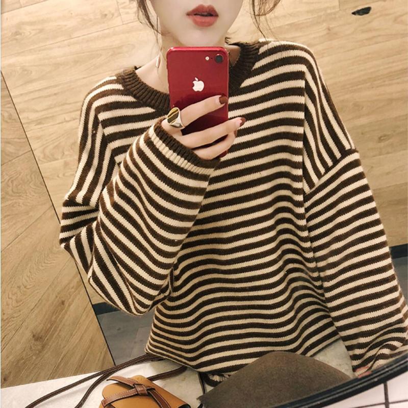 

College Style Autumn and winter New striped sweater female student Korean sweet loose pullover long sleeve round neck sweater, Black