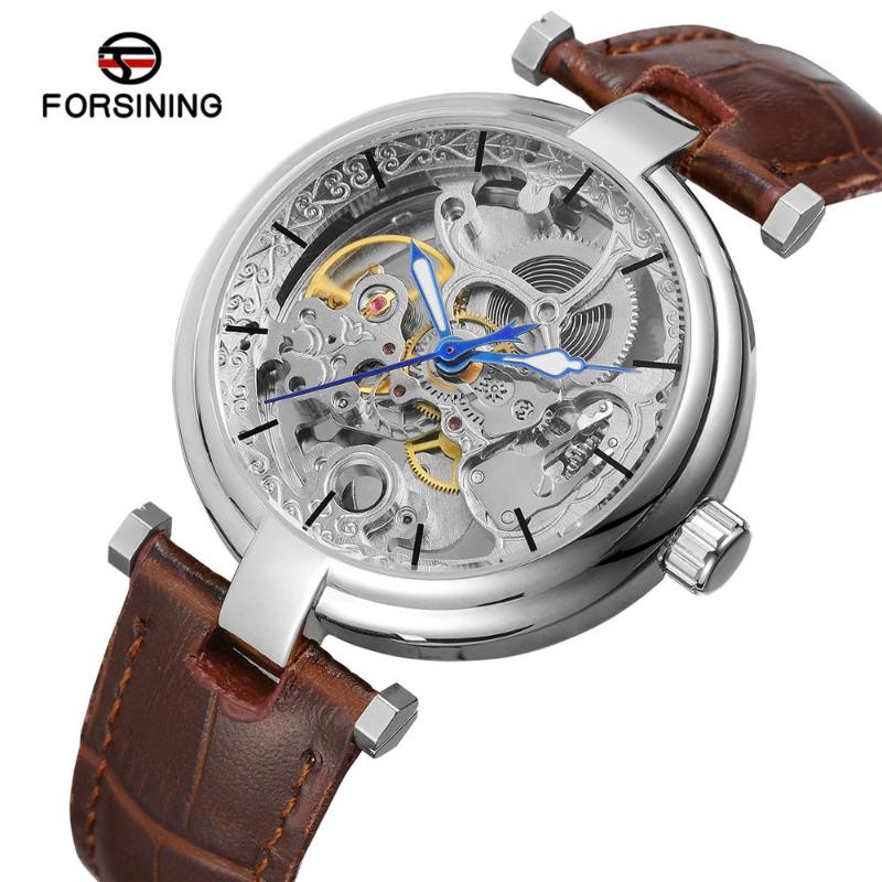 

Forsining Fashion Golden Clocks Mens Transparent Automatic Self-wind Watches Top Genuine Leather Mechanical Watch, Gold