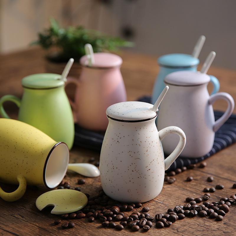 

400ml Korean Ceramic Mug Coffee Drink Cup with Lid Spoon Milk Cup 8 Styles Simple Cute Mugs Color Mark Gypsophila Mug, Blue