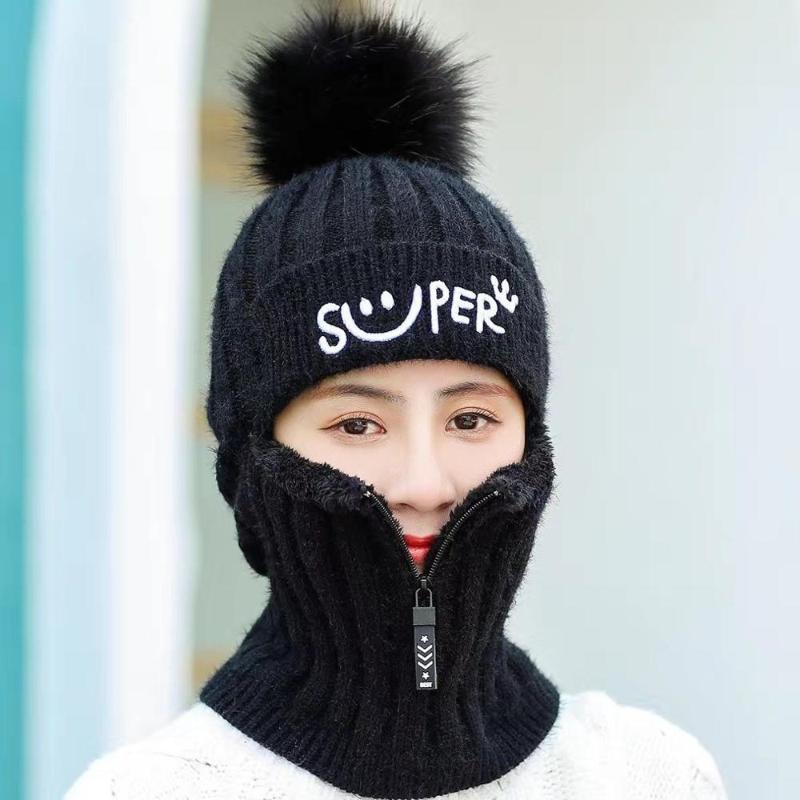 

Wholesale Winter Women Knitted Hats Add Fur Lined Warm Winter Hats For Women With Zipper Keep Face Warmer Balaclava Pompoms Cap, White