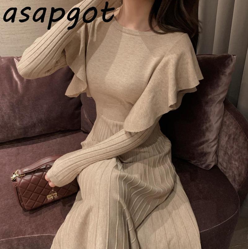 

Casual Dresses One-Piece Knitted Sweater Dress Korean Women Ruffled Waist 2021 Autumn KniDress Midi Pleated, Black;gray