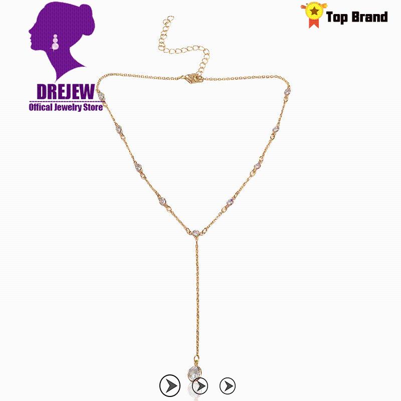 

DREJEW Water Drop Crystal Rhinestone Pendant Necklaces Gold Long Stainless Steel Chain Statement Name Custom Necklace for Women