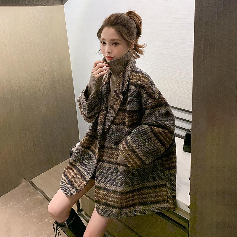 

Woolen Plaid Jacket Female Korean Version of The School Long Section Ladies Coat 2020 Winter Leisure Loose Warm Jackets, Dark green