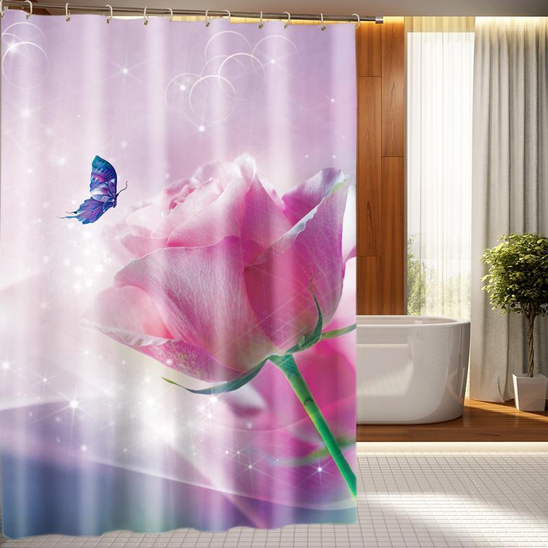

Festive Pink Rose and Butterfly Pattern 3D Shower Curtains Waterproof Thickened Bath Curtains for Bathroom Customizable1