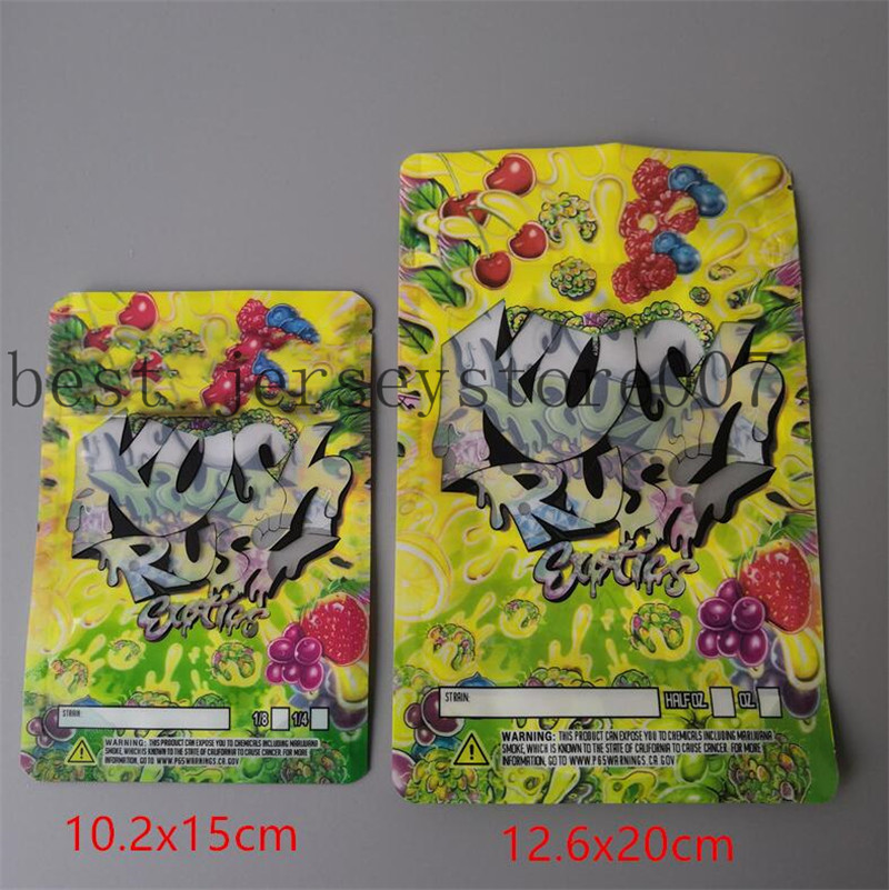 

Two size Kush Rush exotics Bags resealable zipper seal for freshness Childproof flowers packing 3.5g or 7g mylar bags KUSH RUSH mylar bags99