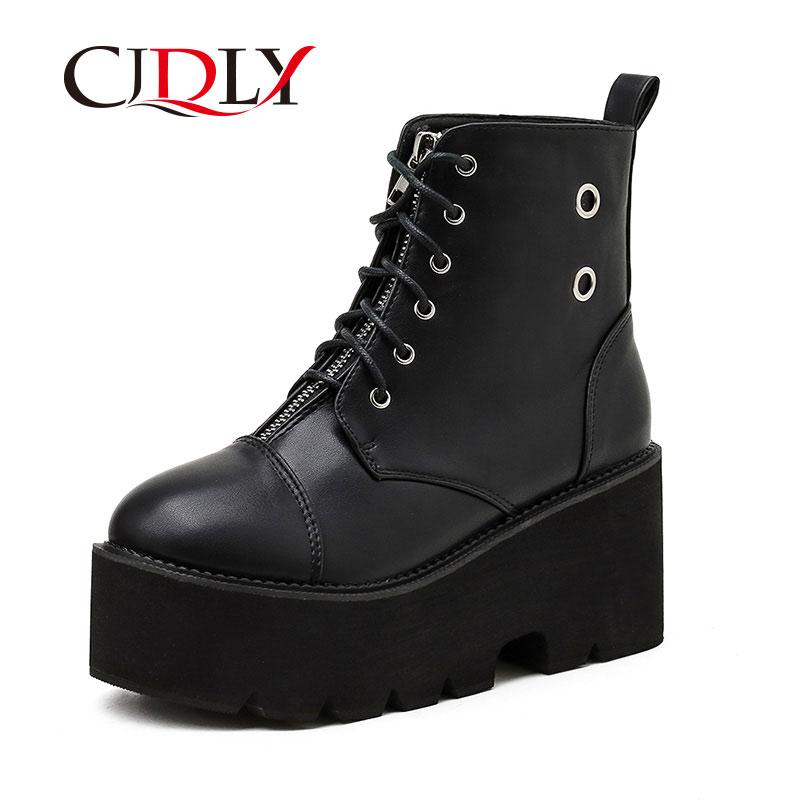 

CJDLY Woman zipper Boots Womens Ladies Chunky Wedge Platform Black Artificial Leather Ankle Boots Punk Goth New Arrival 2021
