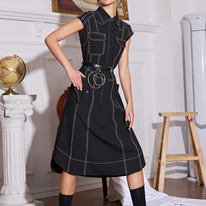 

EWQ] 2020 SummerContrast Stitch Sleeveless Black Long Shirt Dress With Pockets Summer A Line Collar Dress Women Fashion QB689