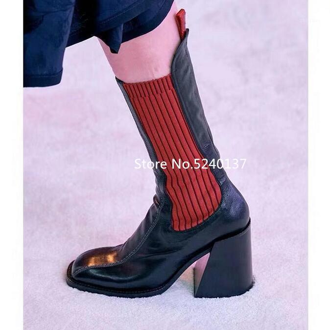 

Mixed Color Patchwork Women Mid-calf Boots Knitting Leather Square Toe Chunky Heel Slip-on Autumn/Winter Western Boots For Women1, As pic