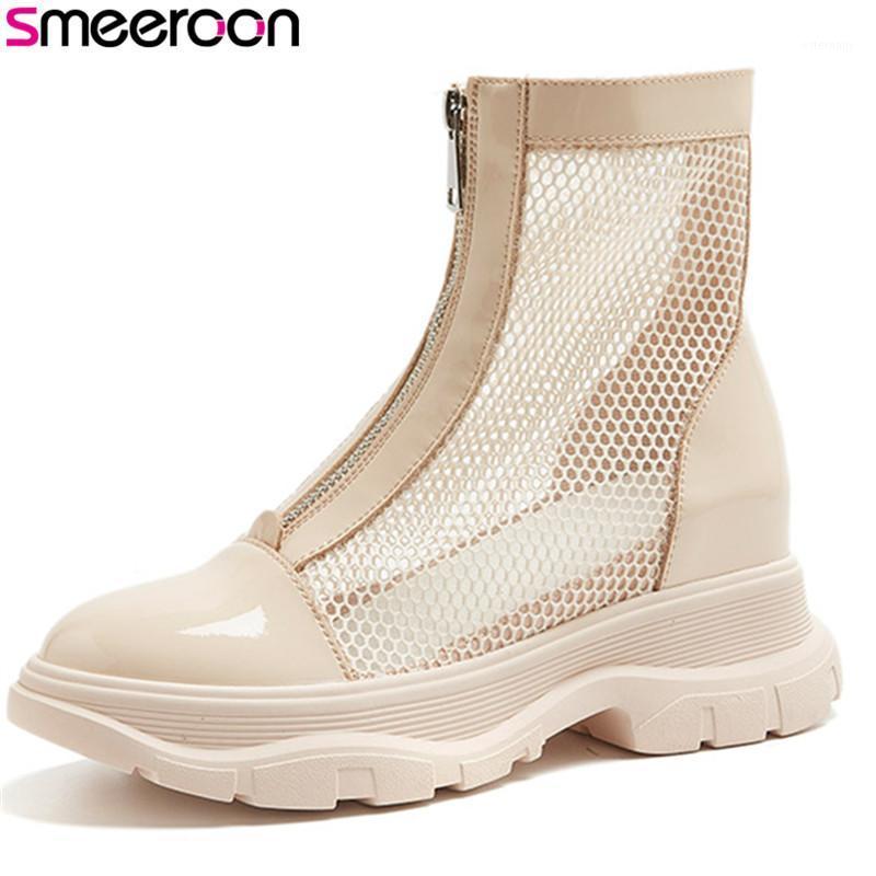 

Smeeroon 2020 new fashion flat platform boots women patent leather mesh summer casual shoes comfortable ankle boots woman1, Beige