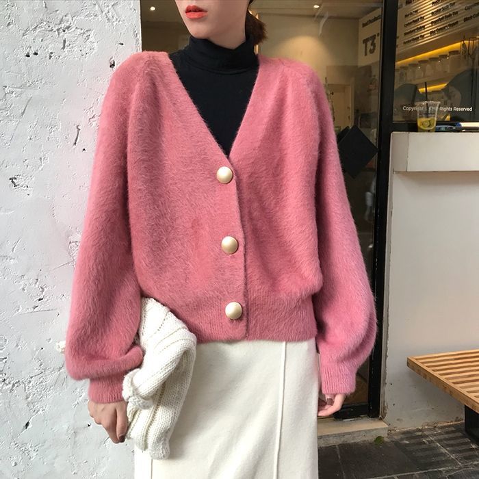 

2021 New Korean Faux Mink Women Clothes Autumn Winter V-neck Outerwear Kardigan Jumper Pull Femme Loose Sweater Cardigan 9pyh, Black