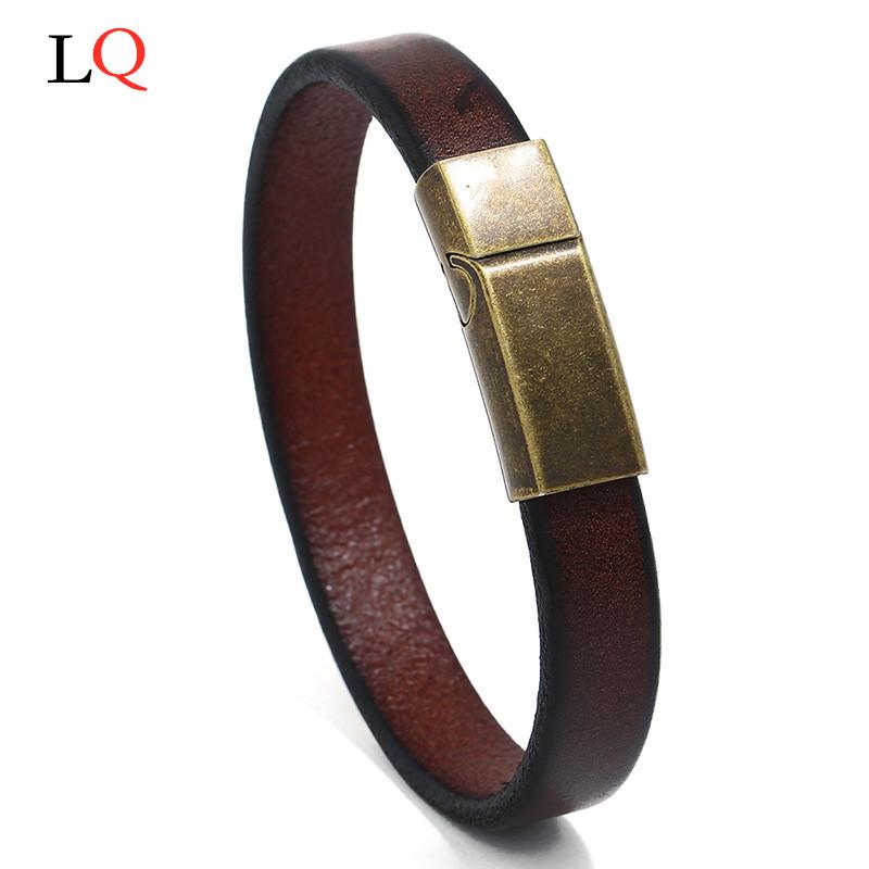 

Men Jewelry Brown Leather Bracelet for Men Stainless Steel Magnetic Clasp Fashion Bangles Gift charm bracelet 20mm snap buttons