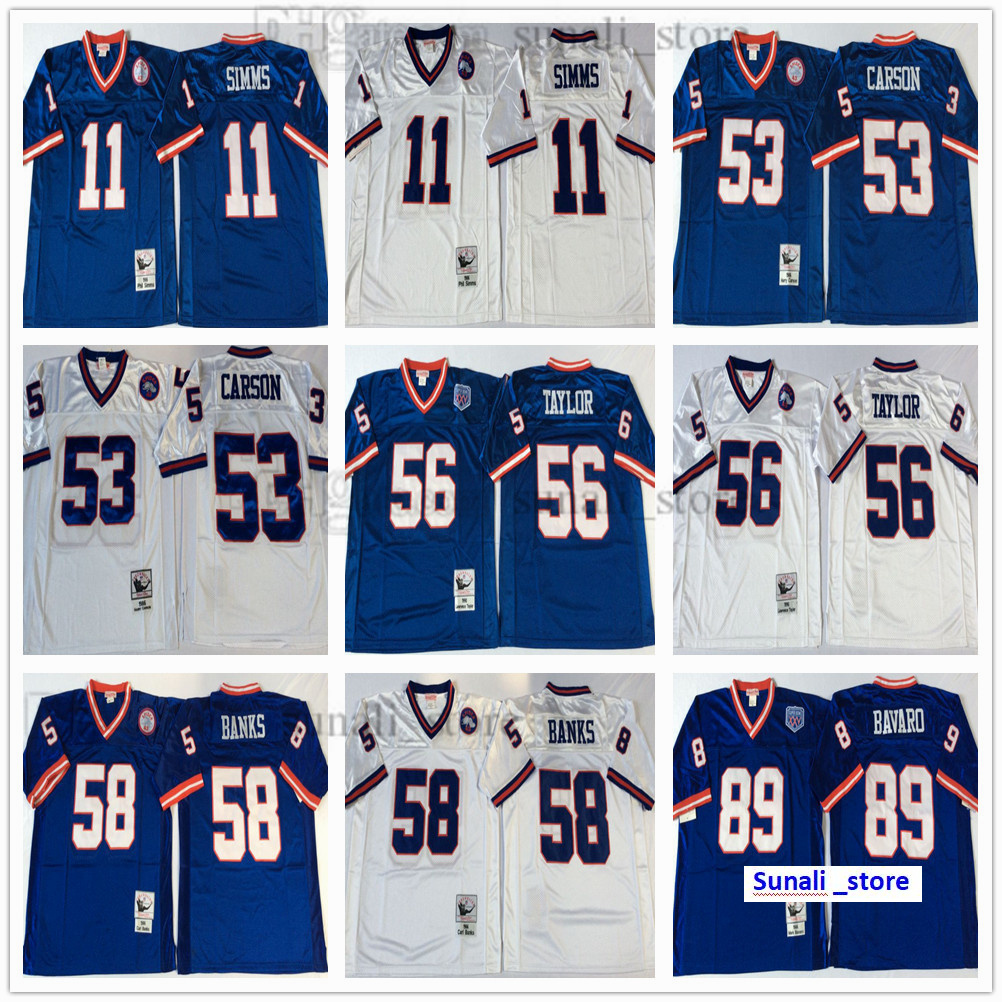 

NCAA Football 11 Phil Simms Jerseys 53 Harry Carson 56 Lawrence Taylor 58 Carl Banks 89 Mark Bavaro Team Blue White Man Vintage All Stitched