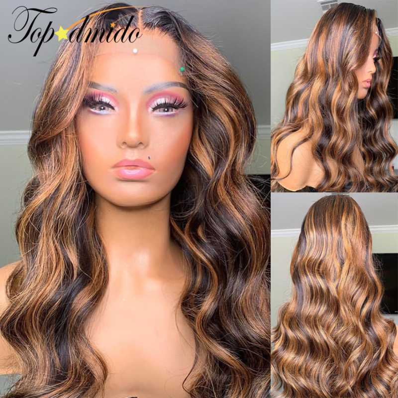 

Topodmido Blonde Brown Highlight Colored Brazilian Hair Lace Front Wigs 13x6 Body Wave Remy Human Hair Lace Front Glueless Wig, Black;brown