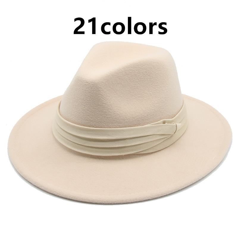 

women hats classic simple men wide brim felted hat wedding belted band Jazz caps ivory green fedora autumn winter hats, Khaki 03
