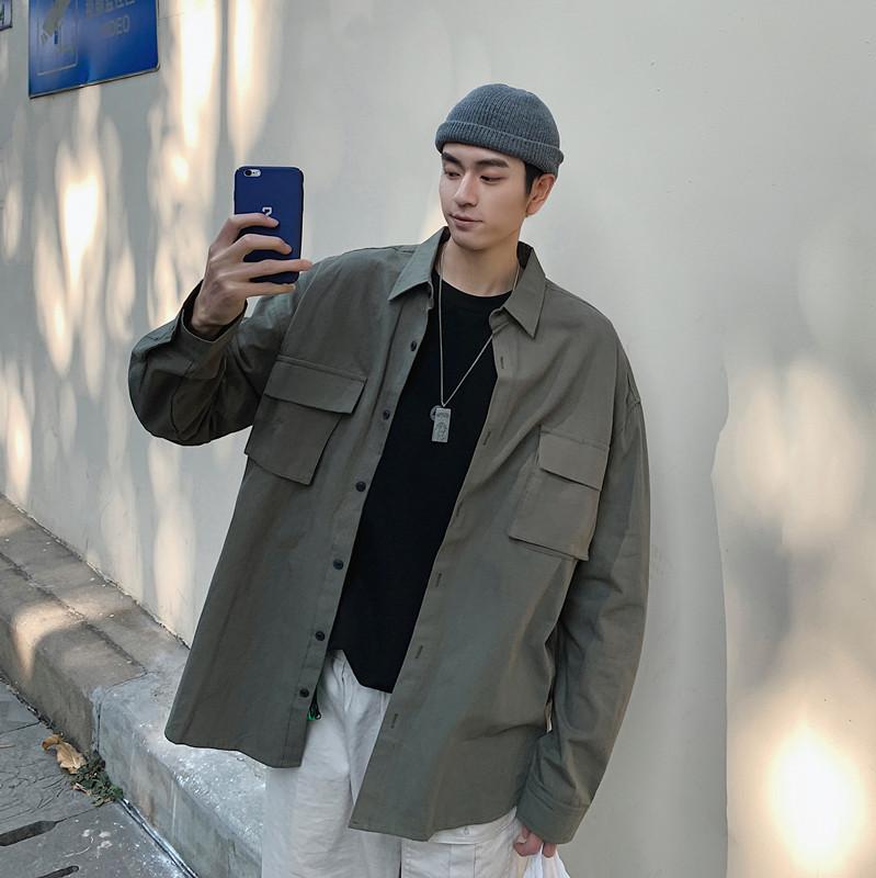 

2020 Spring And Autumn New Youth Popular Solid Color Three-dimensional Pocket Long-sleeved Shirt Fashion Casual Loose Shirt, Black