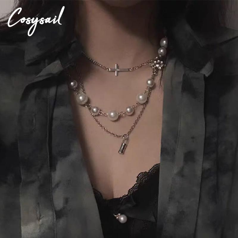 

Cosysail 3Pcs/set Multi-layer Cross Crystal Flower Pearl Pendant Necklace for Women Harajuku Hip hop Necklace Set Charm Jewelry