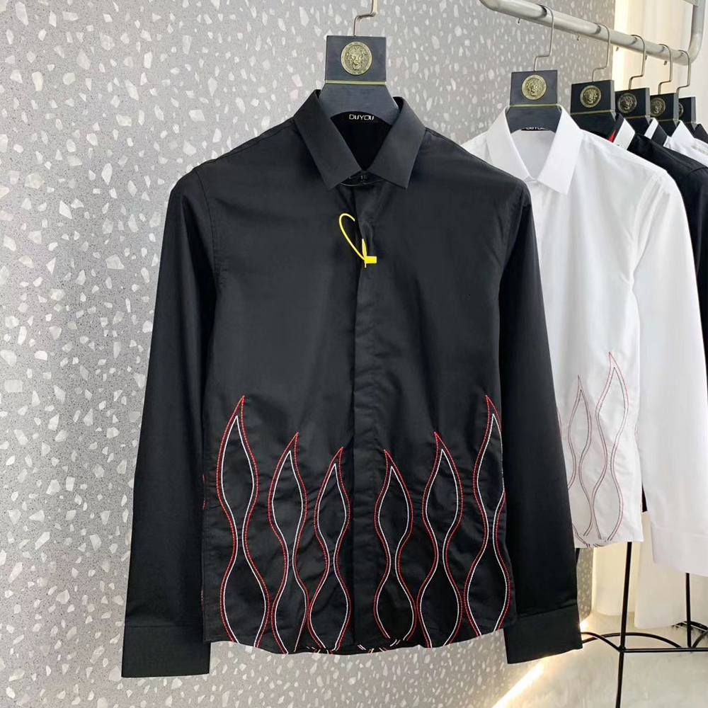 

Mens Cotton Dress Shirt Men Embroidered Flame Pattern High Quality Slim Fit Casual Shirts Dy2900 K7w4, Black