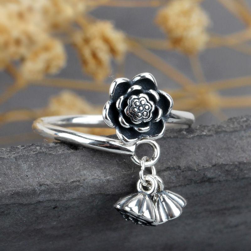 

silver original creative lotus double pendant without mosaic opening adjustable women ring