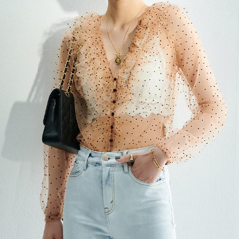 

Polka Dot Lace Women's Shirt 2020 New Summer Ladies Sexy Mesh Single-breasted See Through Blouse Ruffled V-neck Shirts And Top1, As pic