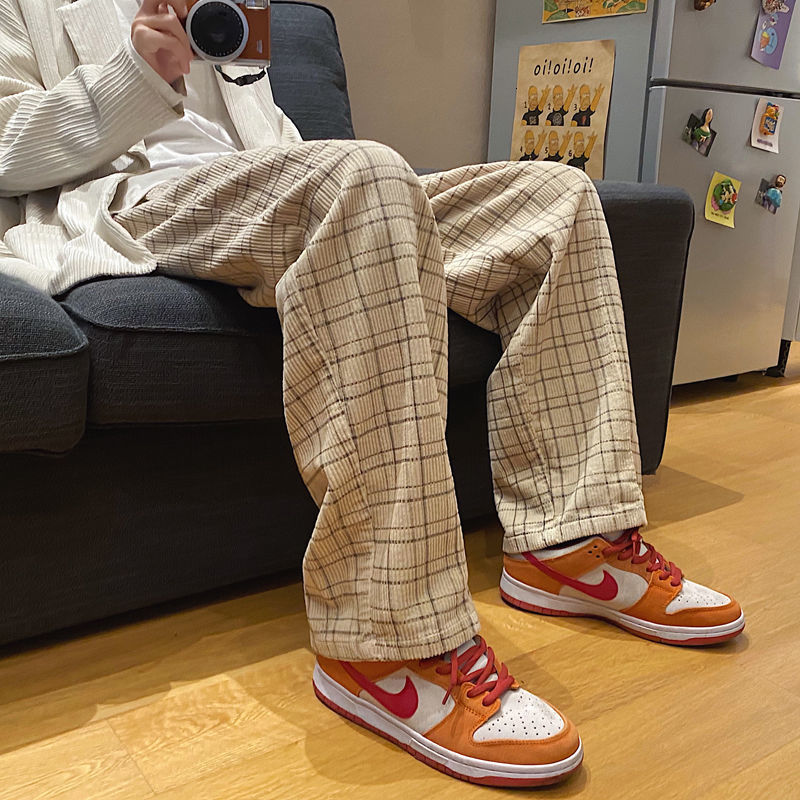 

Trousers 2021 Men's Spring and Winter New Retro Trellis Thickened Straight Pants Male Clothing DE0T, Khaki.