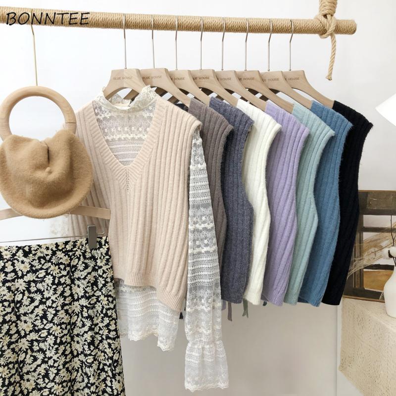 

Sweater Vest Women Elegant Chic Lace-up Design Simple Vintage V-neck Femme Knitwear All-match Autumn Basic Ladies Sleeveless Ins, White