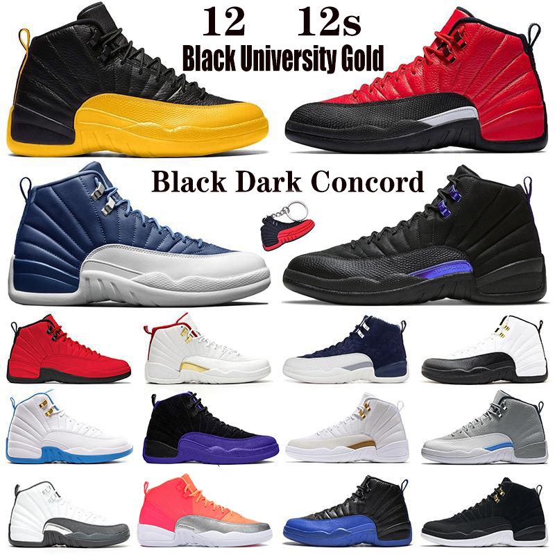 

12 Black University Gold 12s mens basketball shoes Indigo Reverse Flu Game Dark Concord Taxi CYN platform trainers sports sneakers, 34 og box