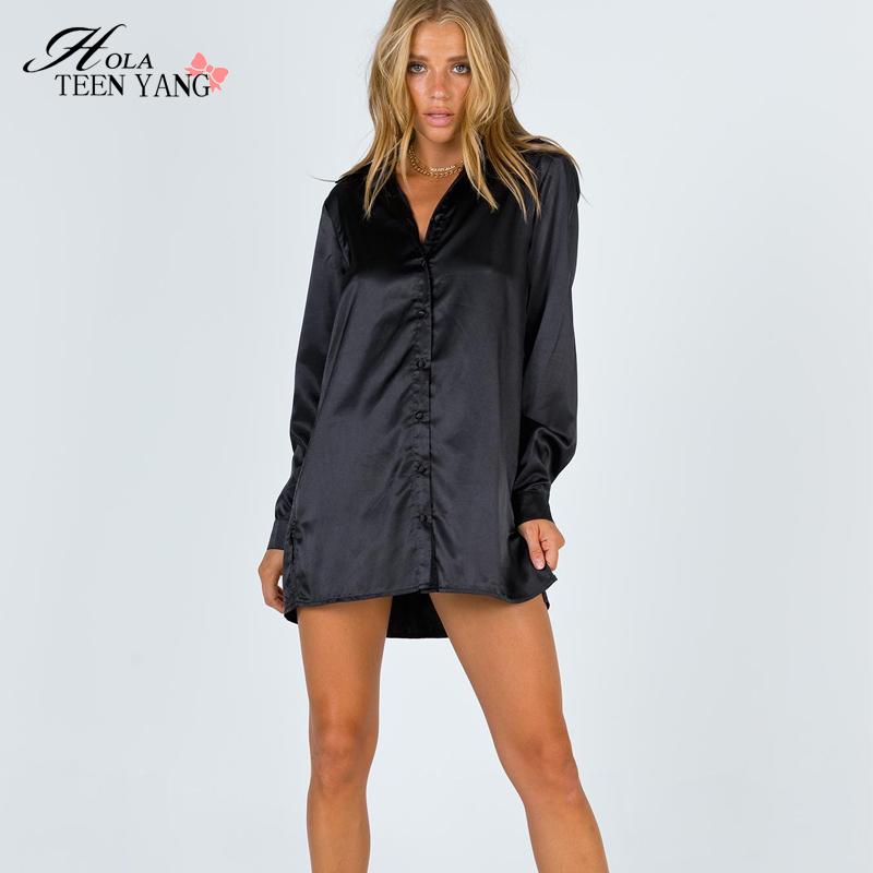 

Hola TeenYang Women Silk Satin Long Sleeves Shirt Lazy Loose T-Shirt Sexy V Neck Buttons Solid Black Side Split Casual T-Shirt