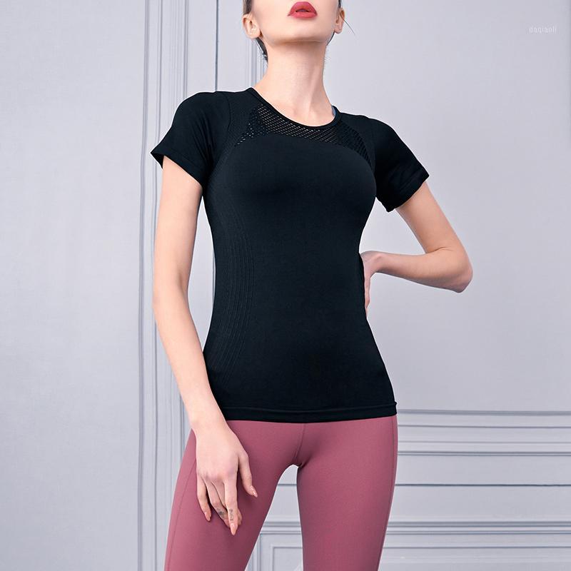

TX319 New Year' Girls Yoga Short-Sleeved Slim Straight Mesh Design Round Neck Fitness Breathable Sports T-Shirt1, Black